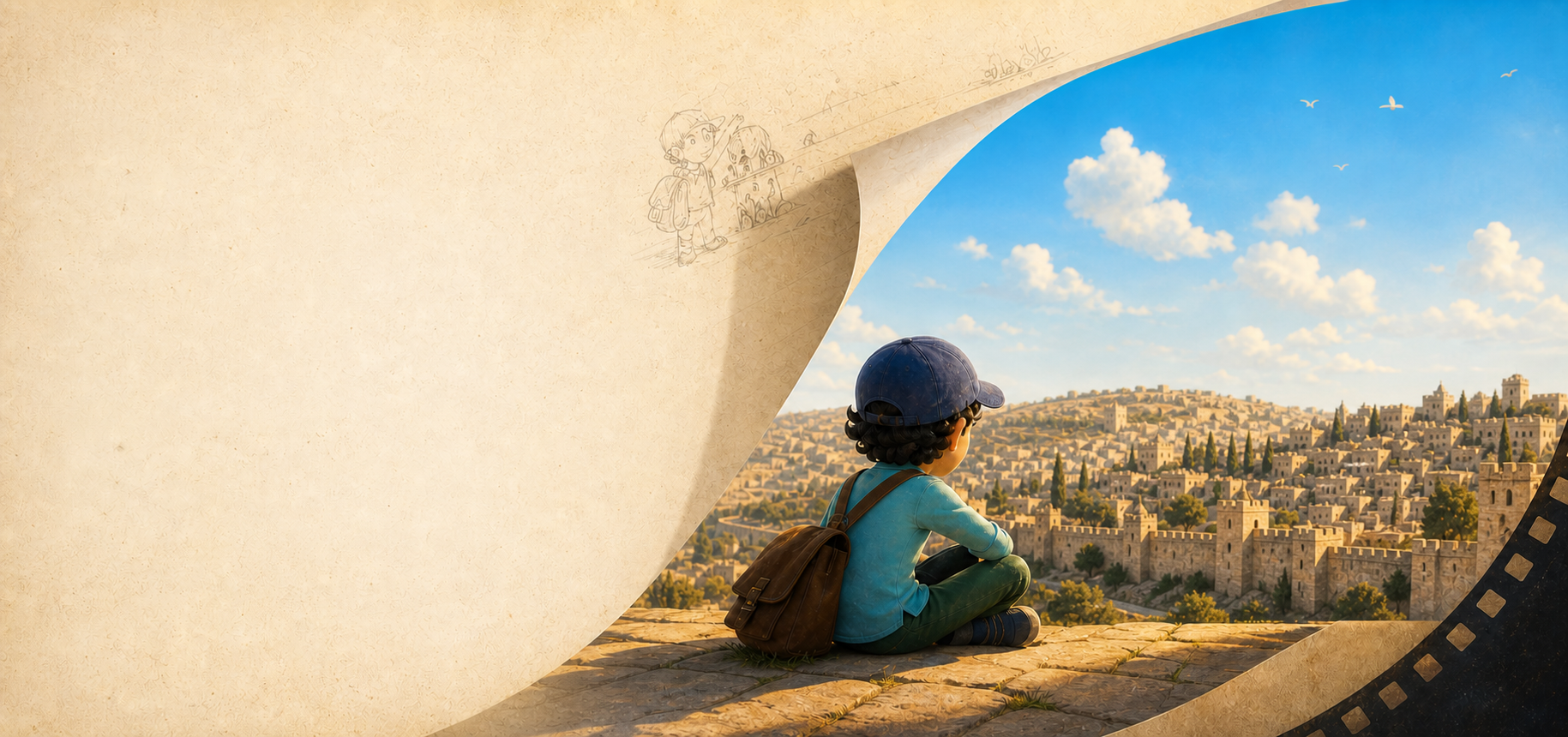 איור קולנועי של דמות אנימציה, סקיצות סטוריבורד ונוף העיר העתיקה בירושלים
